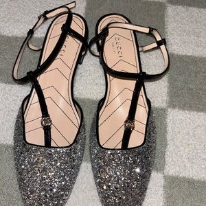 Gucci Double G T-Strap ballet flats in silver glitter